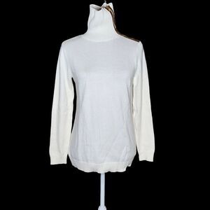 Charter Club Zipper Shoulder Ribbed Turtleneck Sweater Medium Cream Faux Suede